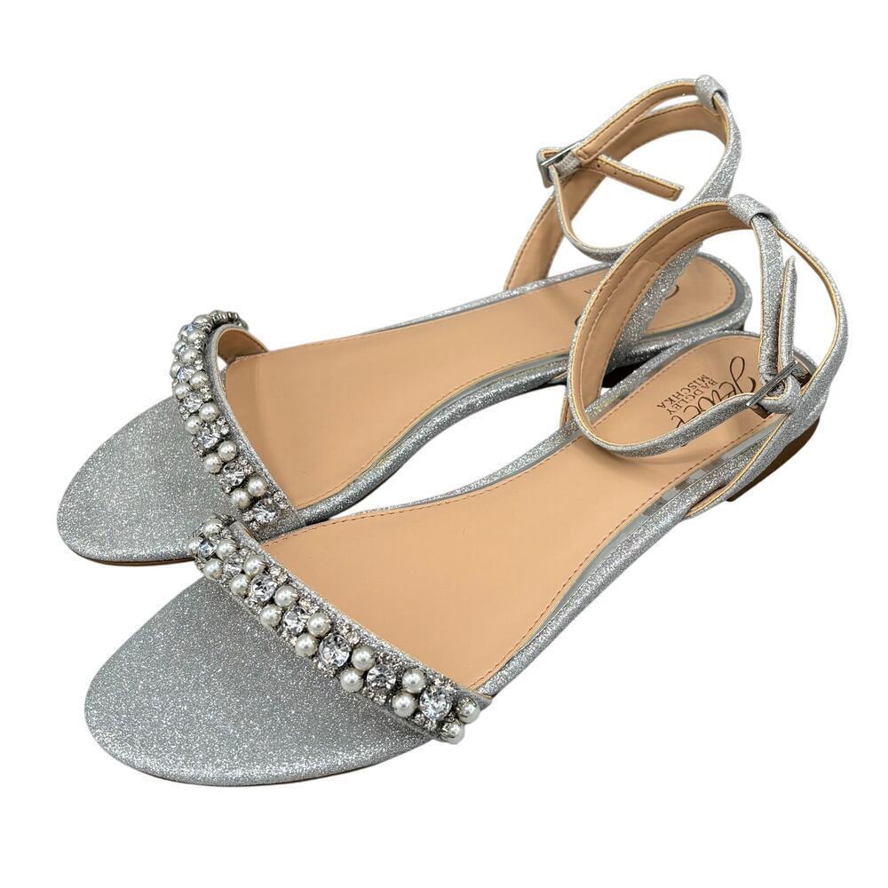 Jewel Badgley Mischka Women's Daria Silver Sparkle Bling Flat Sandals Size 8 New